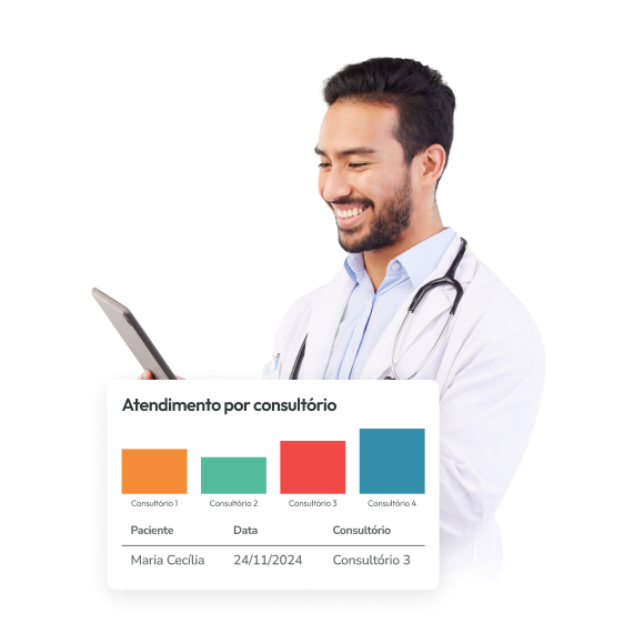 Médico, usando jaleco branco usando o software de Conclínica pelo tablet, com gráficos coloridos de diferentes consultórios.