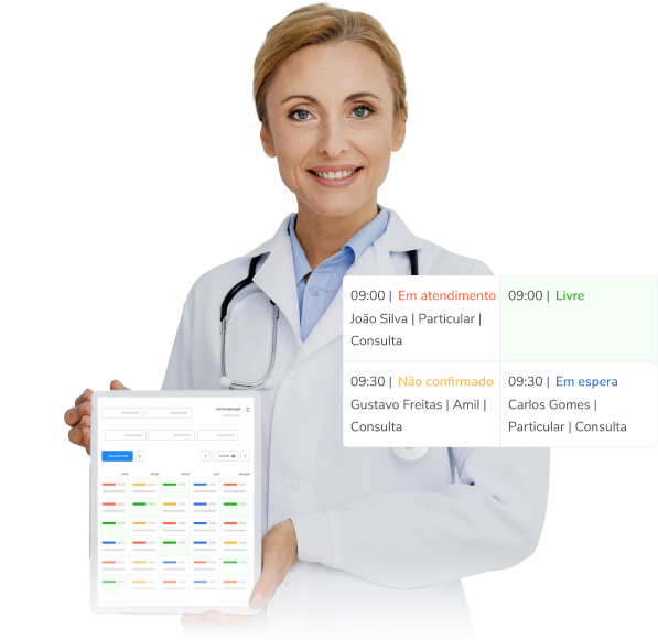 Médica de jaleco branco, com estetoscópio ao redor do pescoço, segurando um tablet e mostrando agenda de atendimentos.