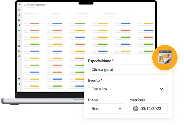 Notebook com software Conclínica aberto em sua tela, mostrando agenda médica da clínica.
