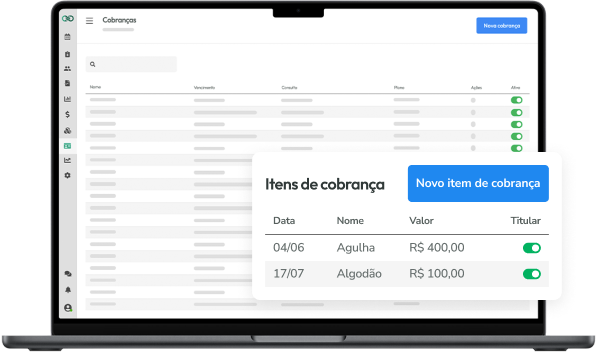 Notebook com borda preta, com software Conclínica aberto em sua tela, com valor de cobrança de itens.